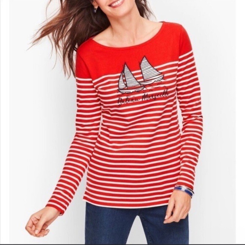 Talbots Red White Striped Nautical Red Striped Sailboat Graphic Top‎ Large